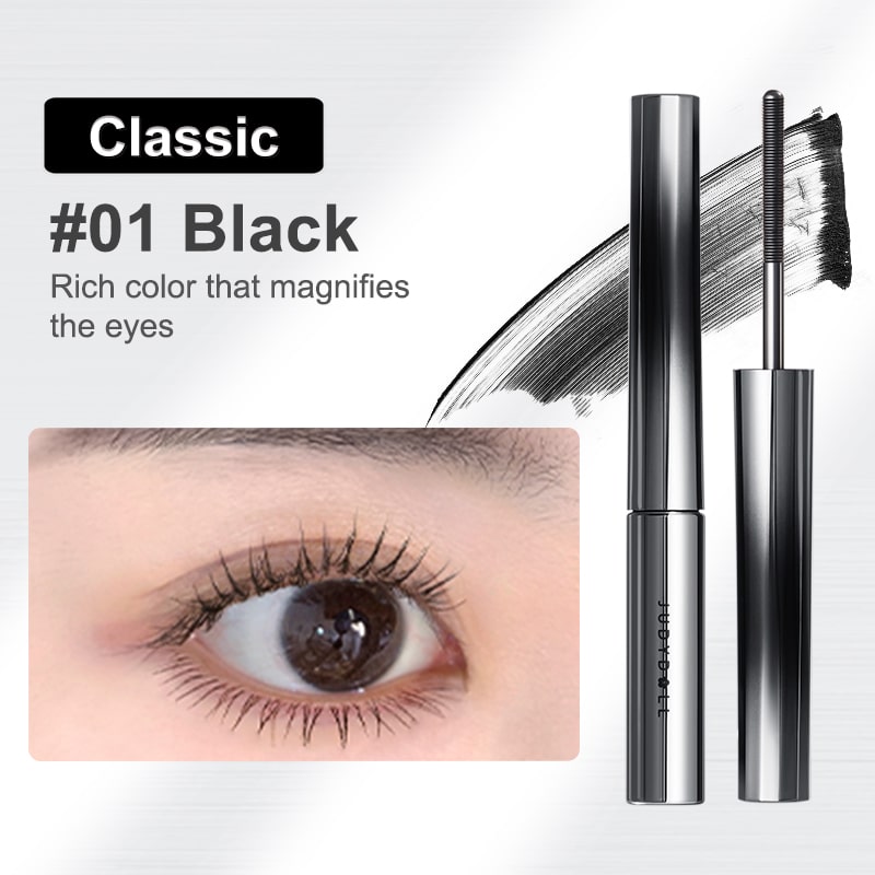 Eyelash mascara with close-up of an eye wearing it, labeled 'Classic #01 Black'.