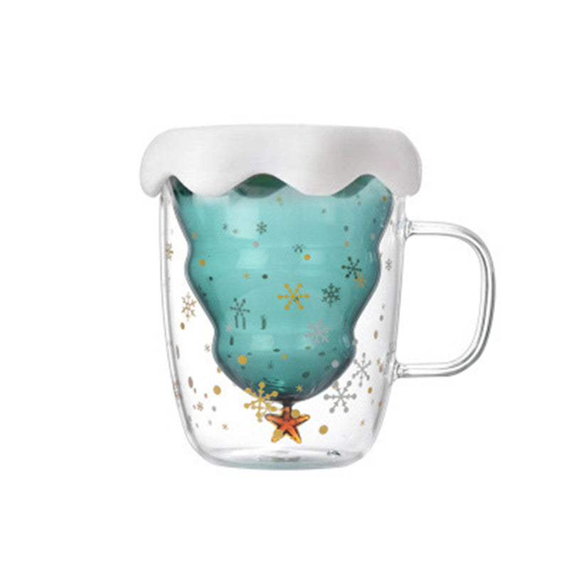Double Heat Resistant Glass Coffee Cup – Christmas Tree Design with Handle and Lid