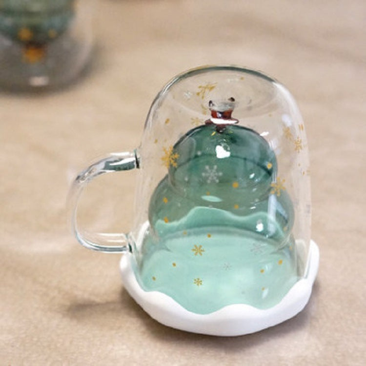 Double Heat Resistant Glass Coffee Cup – Christmas Tree Design with Handle and Lid