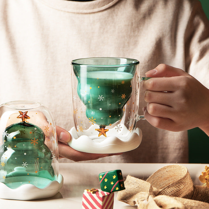 Double Heat Resistant Glass Coffee Cup – Christmas Tree Design with Handle and Lid