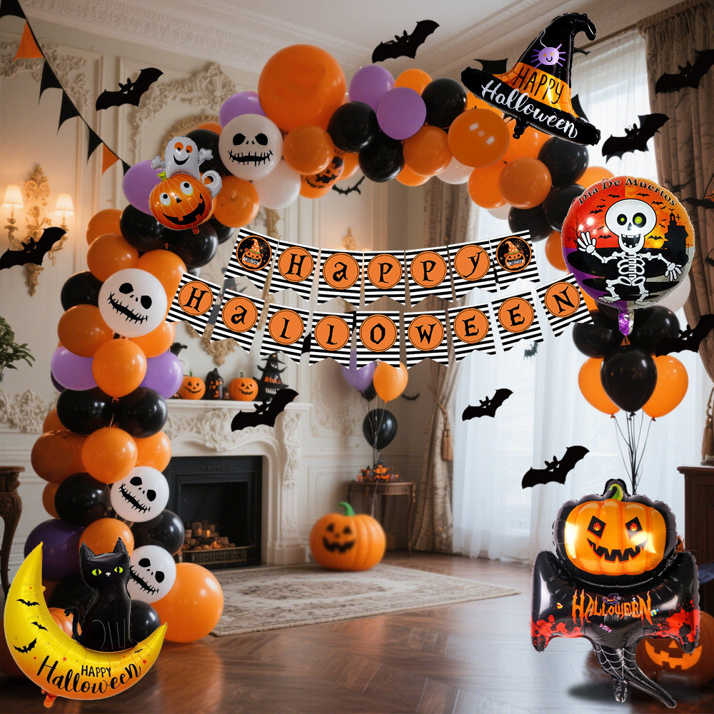Halloween Hanging Flag & Balloon Set – Spooky Party Decoration Supplies displayed in a festive room with balloons and banners.