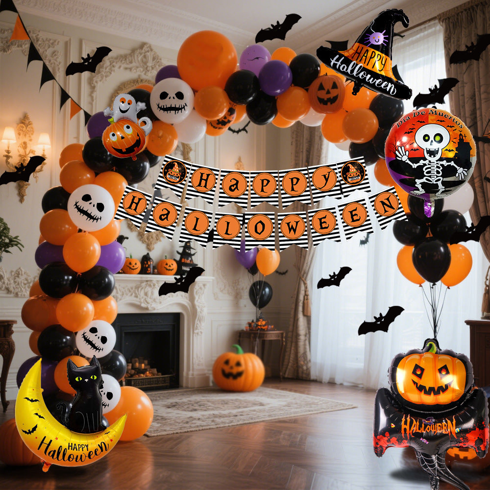 Halloween Hanging Flag & Balloon Set – Spooky Party Decoration Supplies with festive balloons and banners in spooky setting.