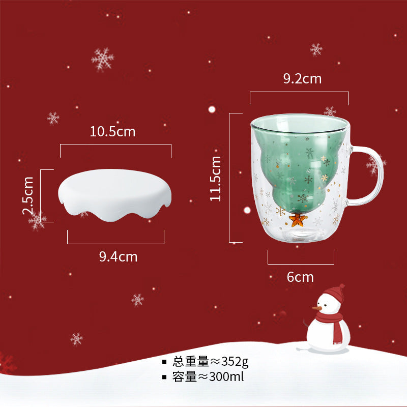 Double Heat Resistant Glass Coffee Cup – Christmas Tree Design with Handle and Lid