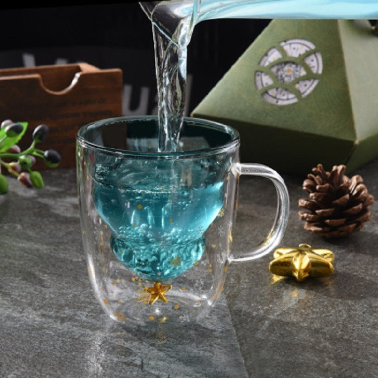 Double Heat Resistant Glass Coffee Cup – Christmas Tree Design with Handle and Lid