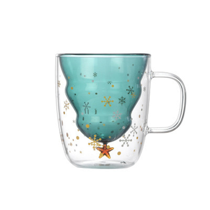 Double Heat Resistant Glass Coffee Cup – Christmas Tree Design with Handle and Lid
