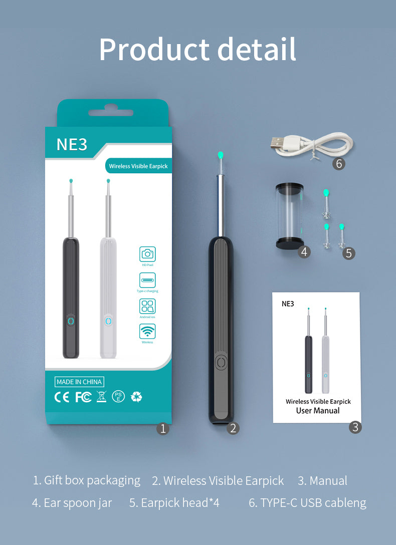 NE3 Ear Cleaning Kit with Camera and LED - Wireless Ear Wax Removal for iPhone