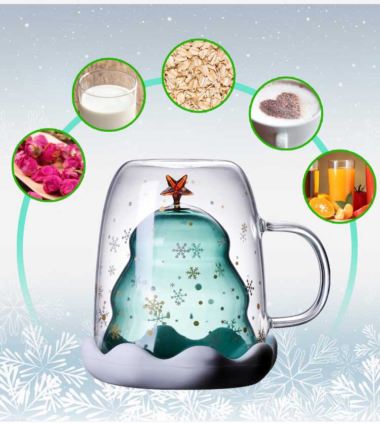 Double Heat Resistant Glass Coffee Cup – Christmas Tree Design with Handle and Lid