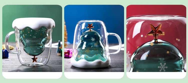 Double Heat Resistant Glass Coffee Cup – Christmas Tree Design with Handle and Lid