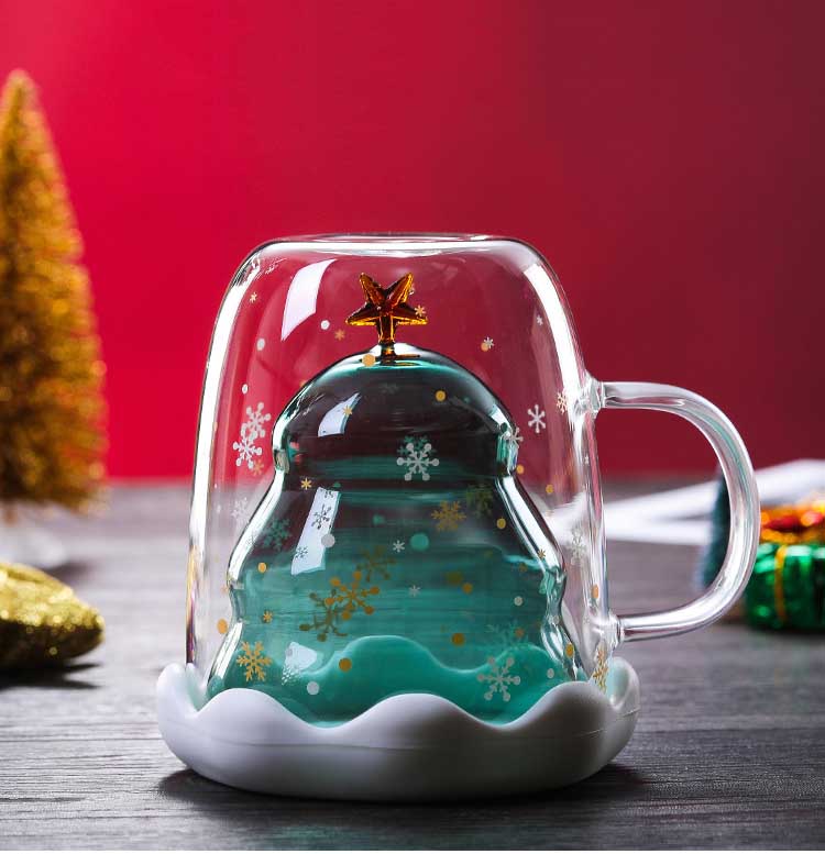 Double Heat Resistant Glass Coffee Cup – Christmas Tree Design with Handle and Lid