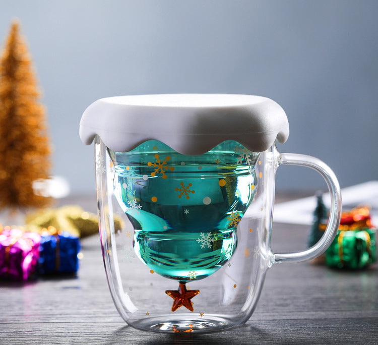 Double Heat Resistant Glass Coffee Cup – Christmas Tree Design with Handle and Lid