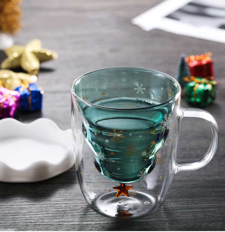 Double Heat Resistant Glass Coffee Cup – Christmas Tree Design with Handle and Lid