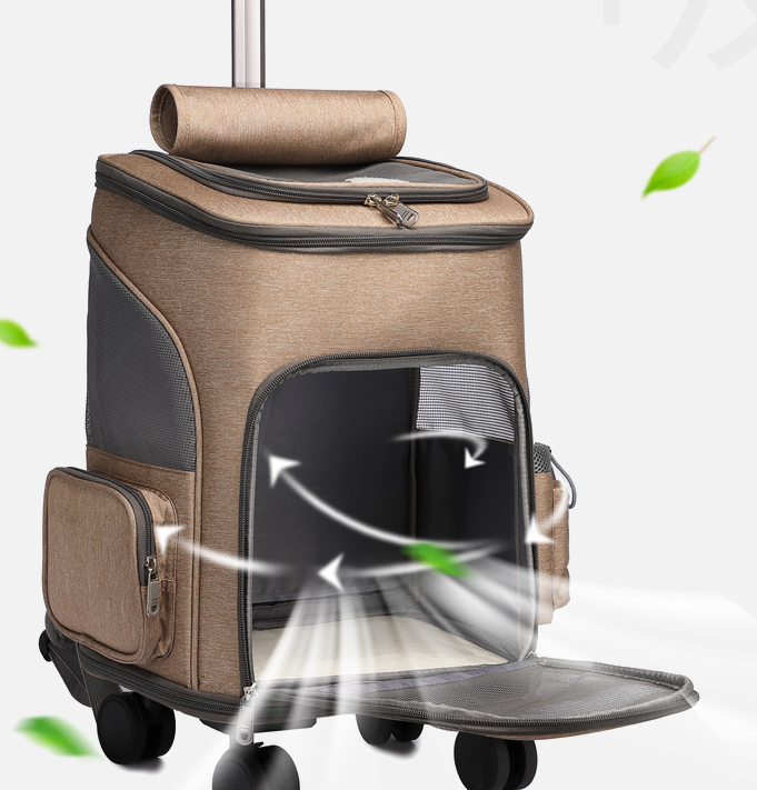 Portable Folding Trolley Pet Backpack With Universal Wheel Trolley Pet Bag