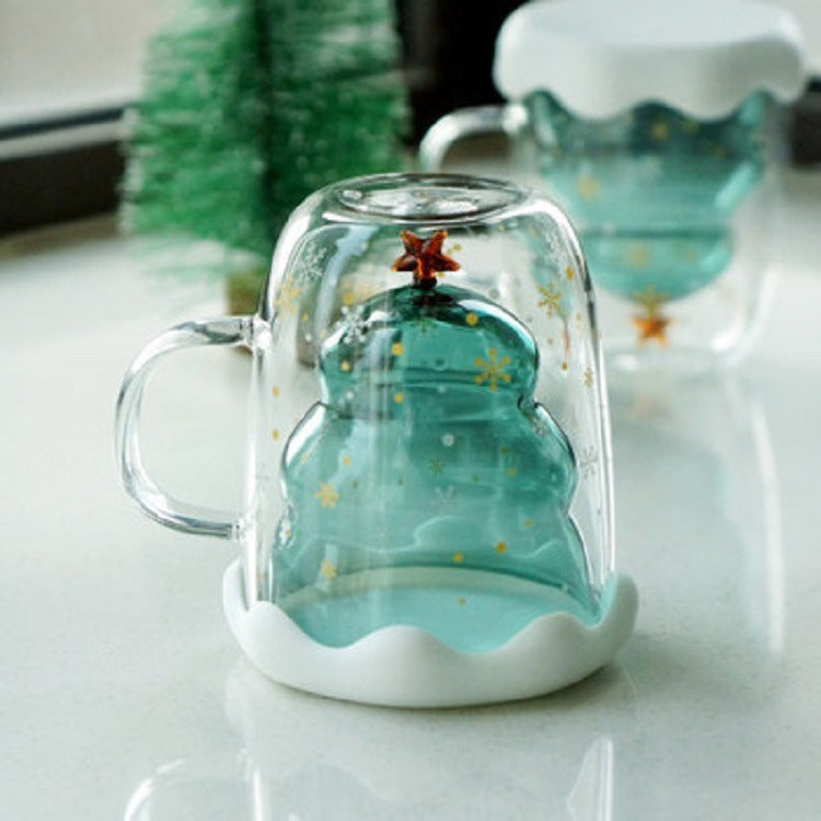 Double Heat Resistant Glass Coffee Cup – Christmas Tree Design with Handle and Lid
