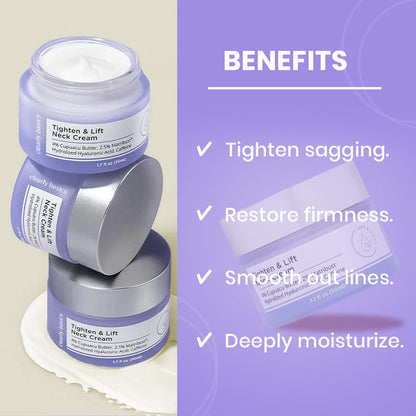 Jars of neck cream with benefits listed on a purple background