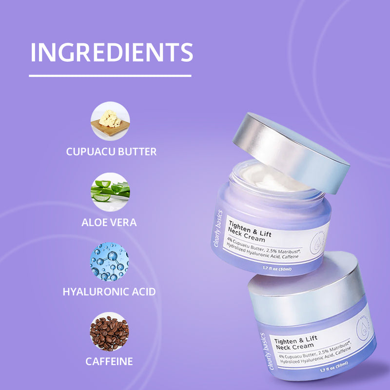 Neck cream with ingredients listed on a purple background