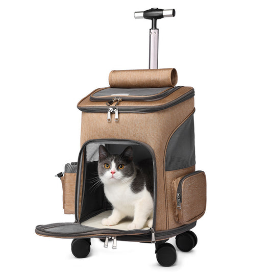 Portable Folding Trolley Pet Backpack With Universal Wheel Trolley Pet Bag