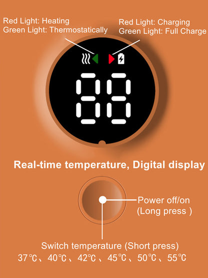 Digital display showing real-time temperature for the portable baby bottle warmer with power and temperature switch indicators.