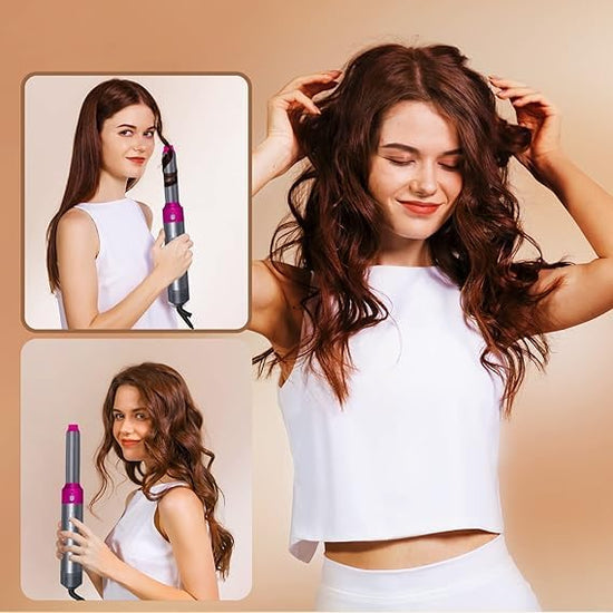 Hot Air Brush 5-in-1 Ceramic Styler and attachments arranged on a bathroom vanity with mirror and soft lighting.