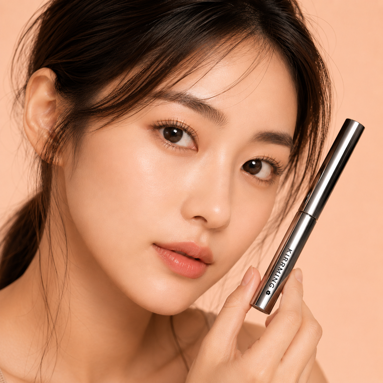 A close-up lifestyle shot of a woman holding a sleek silver cosmetic tube against a soft peach background.