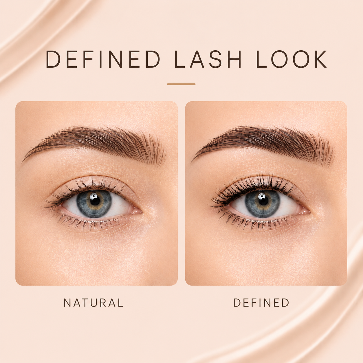 Natural and defined lash comparison showing a cleaner, more separated lash look with 3D Curling Eyelash Iron Mascara