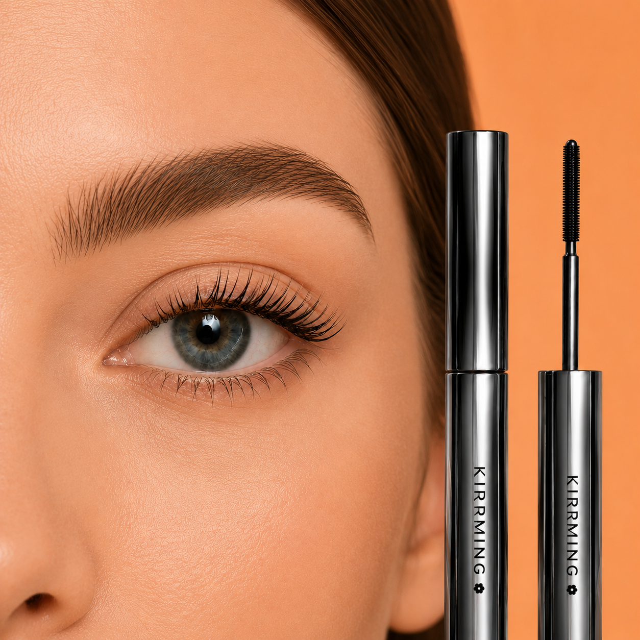Close-up of a woman's eye with long, curled lashes next to two silver KIRRMING mascara tubes and a wand on a warm peach background.