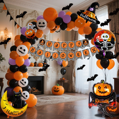 Halloween Hanging Flag & Balloon Set – Spooky Party Decoration Supplies displayed in a festive room with balloons and banners.