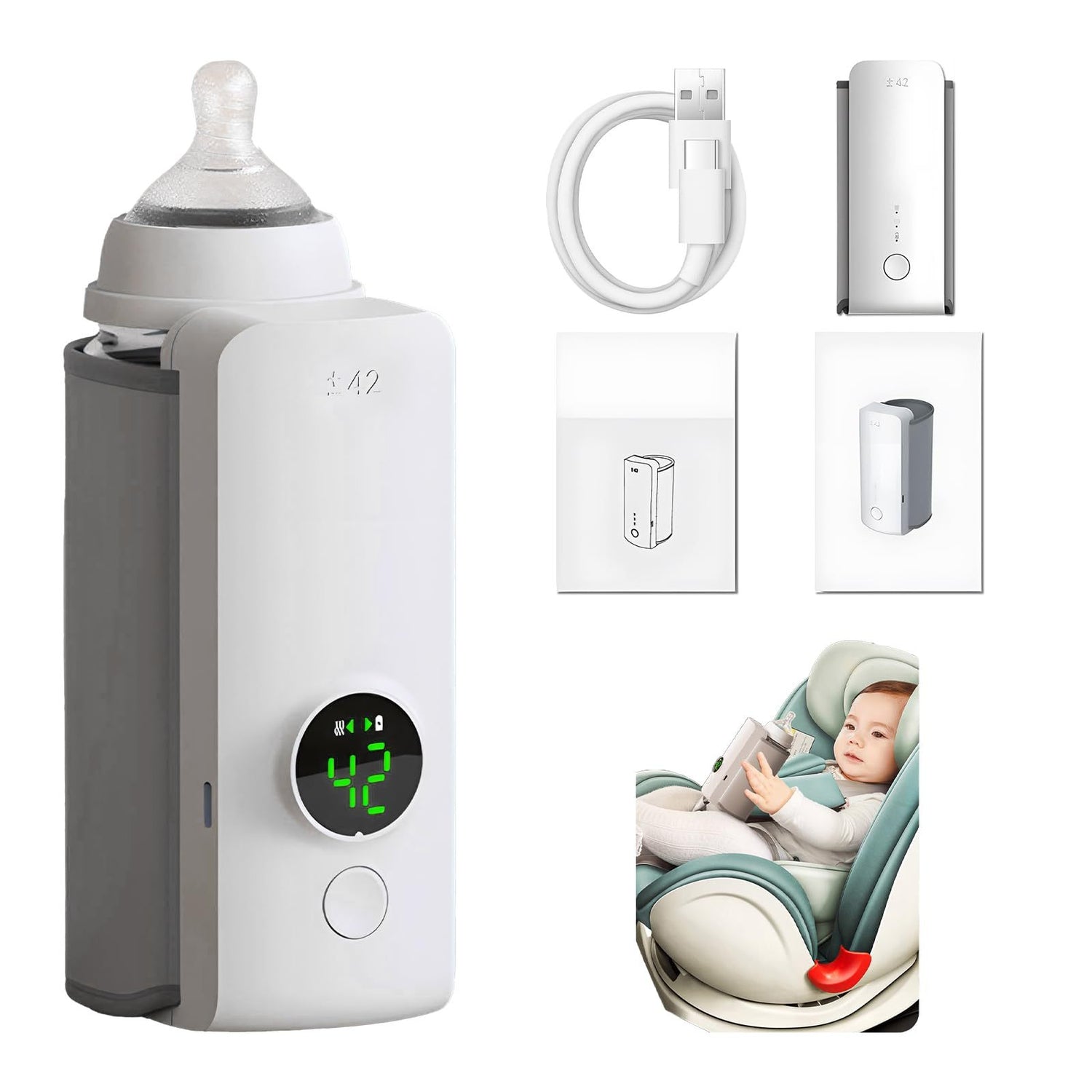 Portable Baby Bottle Warmer – USB Rechargeable Milk Heating Bag with digital display and accessories for baby feeding on the go.