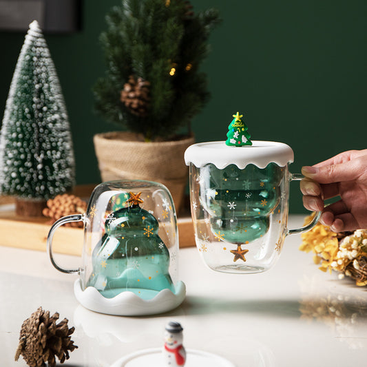 Double Heat Resistant Glass Coffee Cup – Christmas Tree Design with Handle and Lid