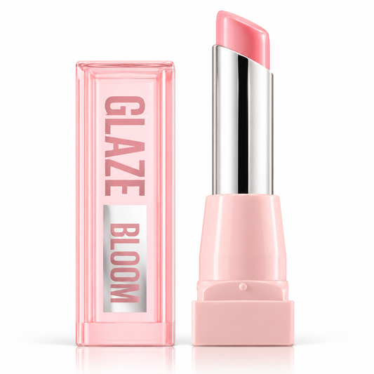 A pink lipstick bullet with a silver inner tube stands next to its translucent pink rectangular box on a clean white background. The box features the text 'GLAZE BLOOM' in pink and silver.