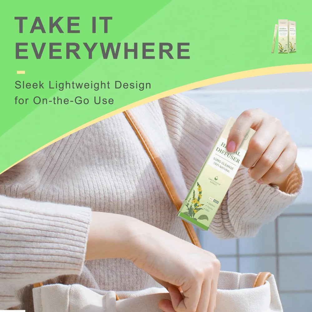 Person holding a herbal diffuser with text about its design and portability on a green background.