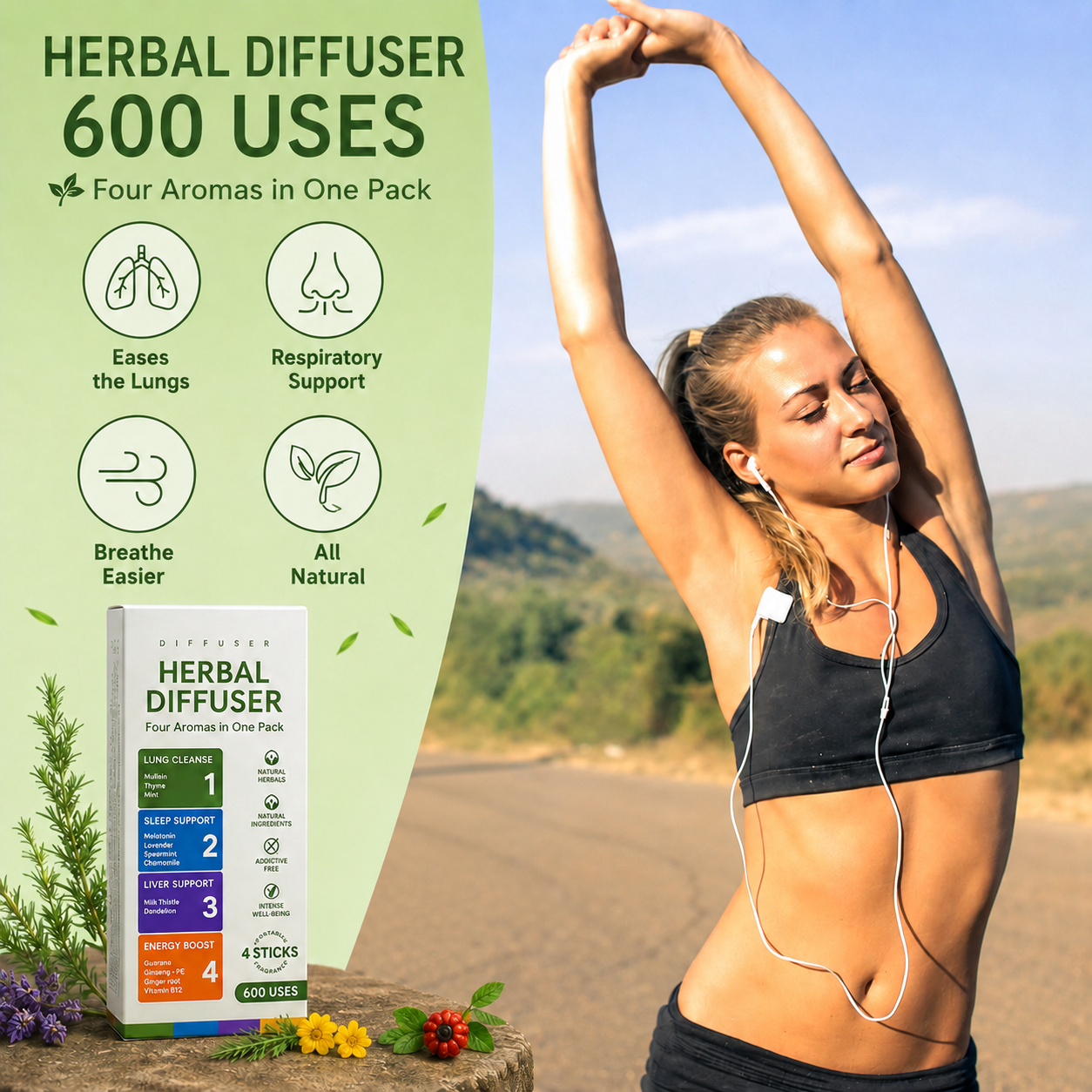 A woman in athletic wear stretches outdoors while wearing wired earbuds, with a herbal diffuser box shown beside her on a stylized promotional graphic. Text reads 'HERBAL DIFFUSER 600 USES' and lists four aromas and benefits.