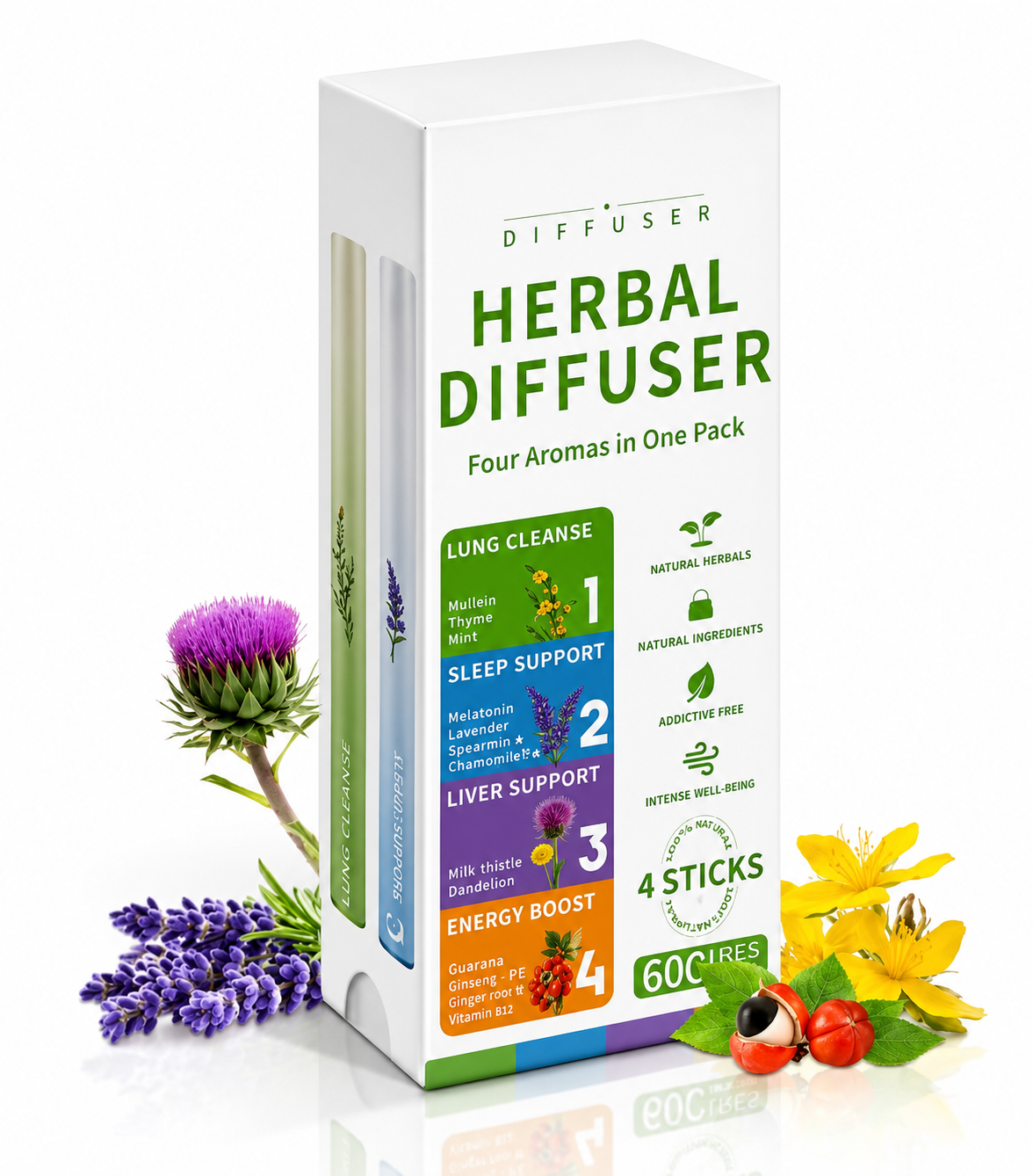 A boxed herbal diffuser product standing upright on a white background, with decorative flowers and small fruits placed around it. The package is predominantly white with large green text and colored panels indicating four aromas in one pack, plus icons for lung cleanse, sleep support, liver support, and energy boost.