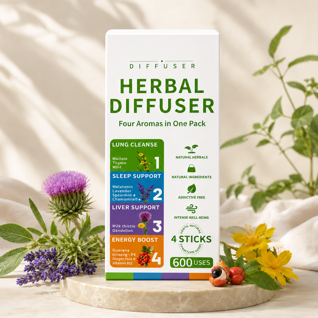 A white box of Diffuser Herbal Diffuser aromatherapy sticks stands upright on a stone slab with flowers and greenery around it. The front of the box shows product text including 'HERBAL DIFFUSER', 'Four Aromas in One Pack', and benefit callouts for lung cleanse, sleep support, liver support, and energy boost, with '600 USES' at the bottom.