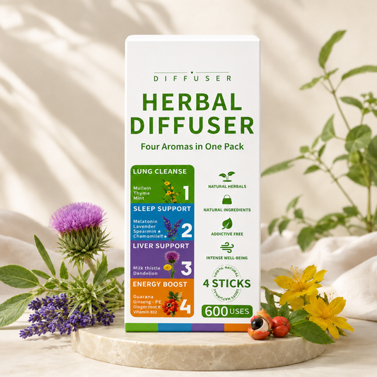 A white box of Diffuser Herbal Diffuser aromatherapy sticks stands upright on a stone slab with flowers and greenery around it. The front of the box shows product text including 'HERBAL DIFFUSER', 'Four Aromas in One Pack', and benefit callouts for lung cleanse, sleep support, liver support, and energy boost, with '600 USES' at the bottom.
