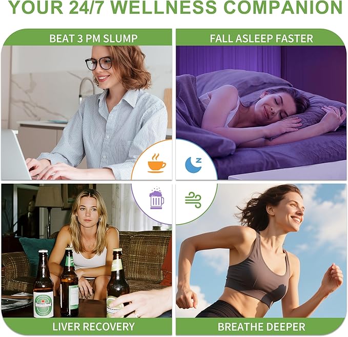 Four images showing a woman at different stages of her day with text about wellness benefits.