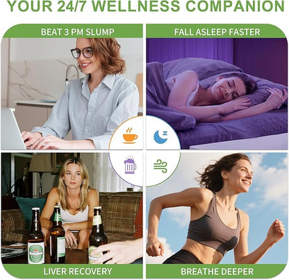 Four images showing a woman at different stages of her day with text about wellness benefits.
