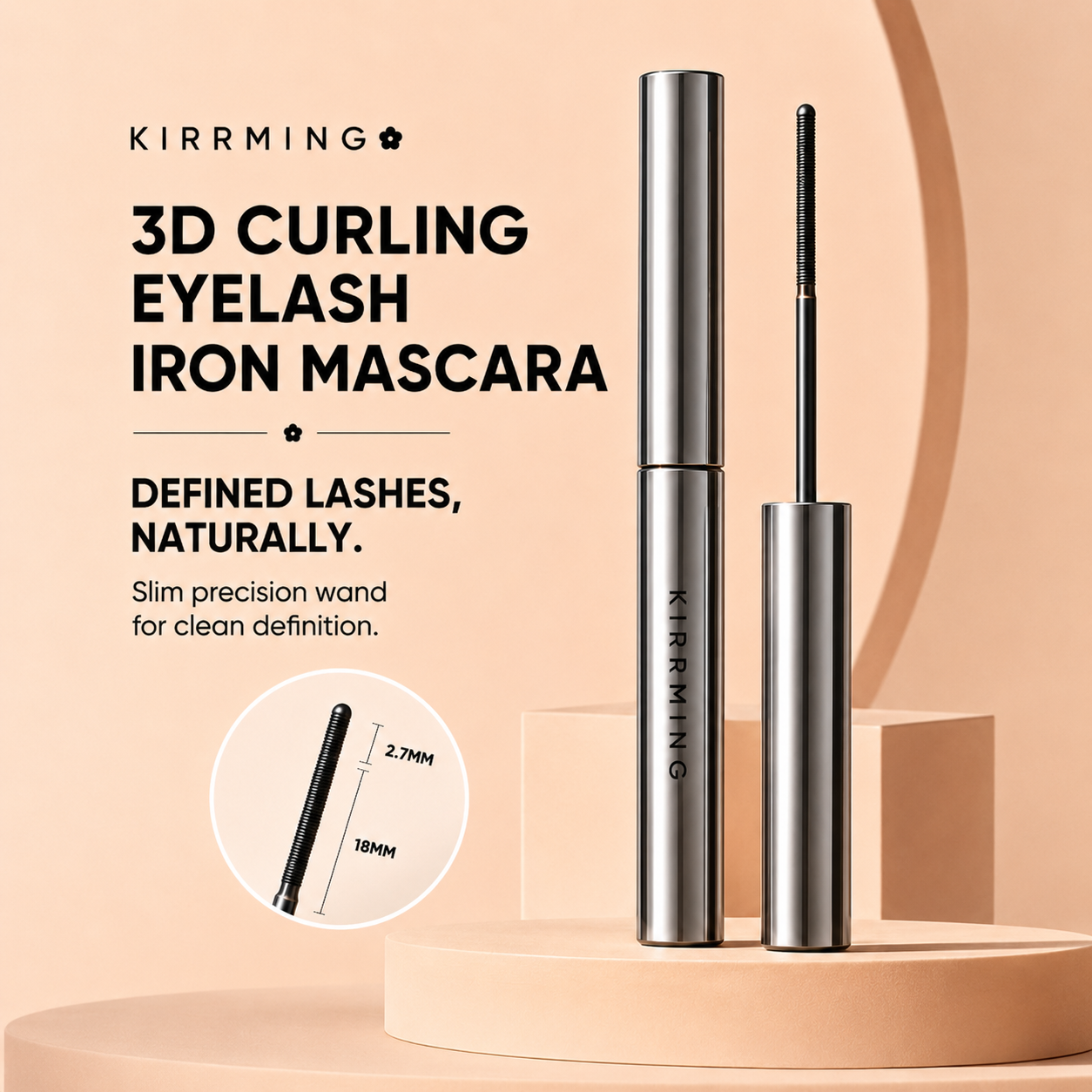 KIRRMING 3D Curling Eyelash Iron Mascara shown in a clean studio setup with two silver cylindrical tubes on beige geometric platforms. Text on the left describes the product, and a small inset shows the wand tip dimensions.