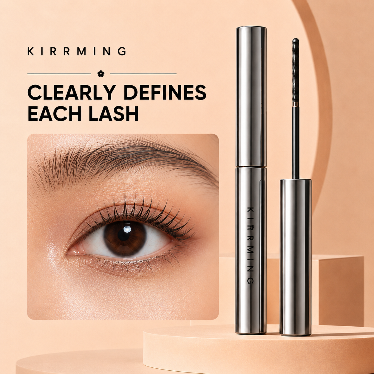 KIRRMING eyelash serum and wand shown on a warm beige background, with text reading 'CLEARLY DEFINES EACH LASH' and a close-up inset of an eye wearing the lashes.