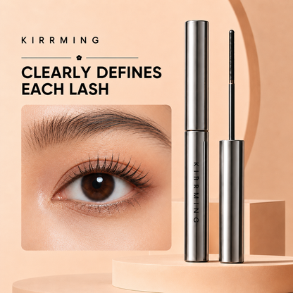 KIRRMING eyelash serum and wand shown on a warm beige background, with text reading 'CLEARLY DEFINES EACH LASH' and a close-up inset of an eye wearing the lashes.
