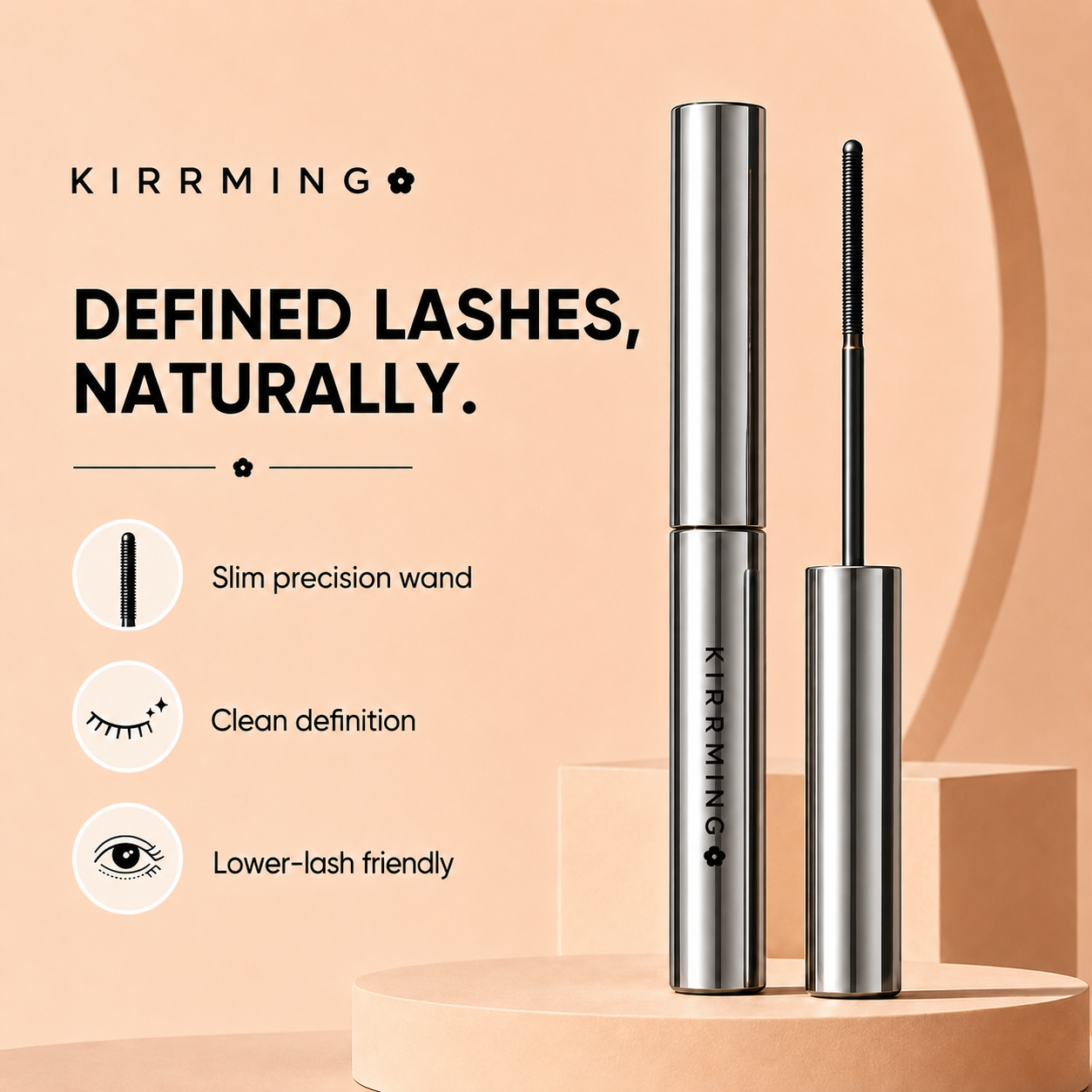 KIRRMING mascara shown in a clean studio-style ad with the closed silver tube and the wand applicator beside it. Text on the left reads 'KIRRMING' and 'DEFINED LASHES, NATURALLY.