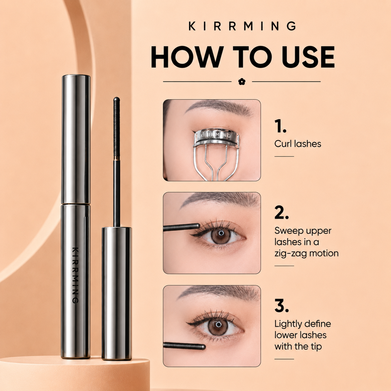KIRRMING mascara product shown with three step-by-step usage panels on a peach background. The left side displays the silver mascara tube and wand, while the right side shows close-up eye instructions: curl lashes, sweep upper lashes in a zig-zag motion, and lightly define lower lashes.
