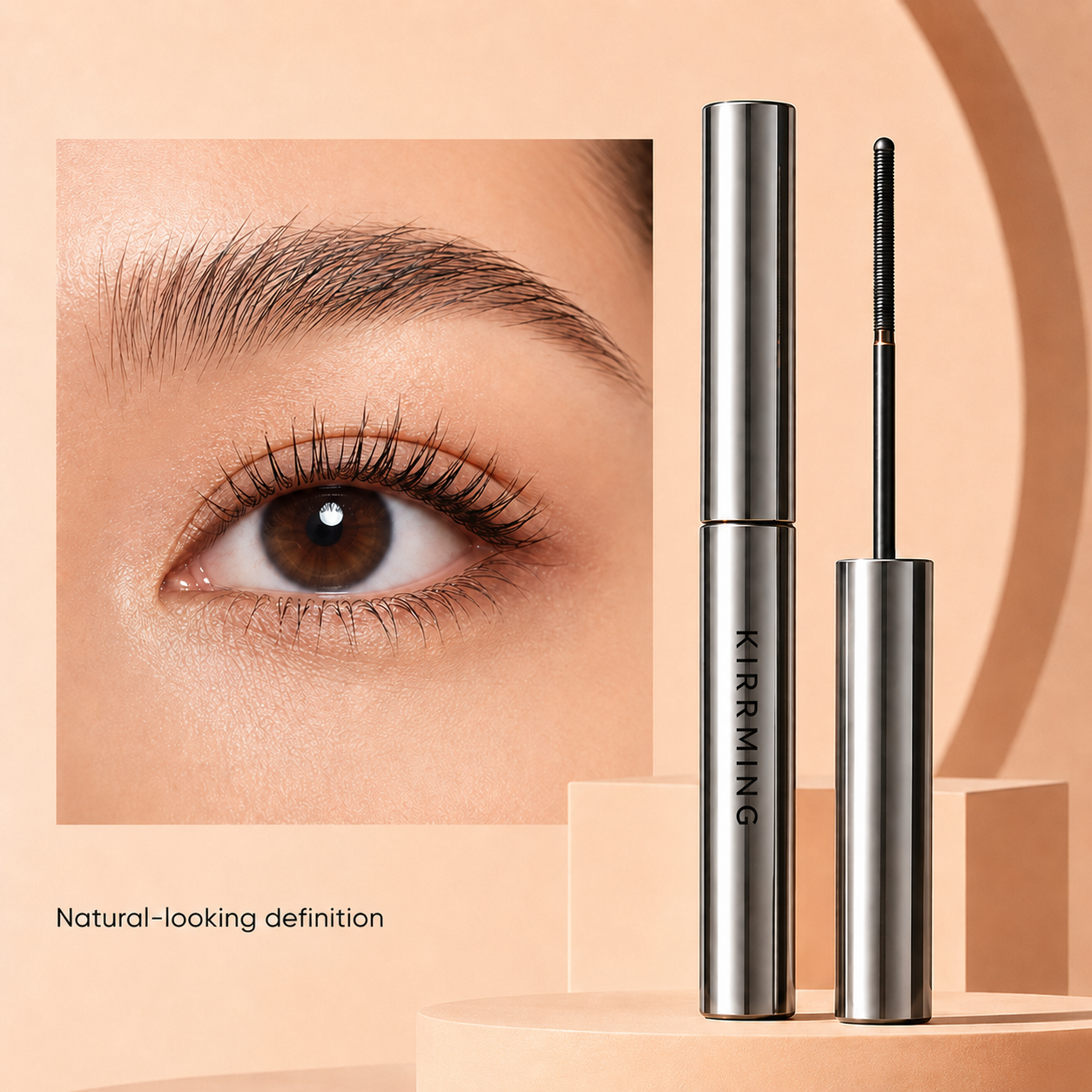 A cosmetic mascara tube and wand shown beside a close-up inset of a woman's eye with defined lashes. The packaging is metallic silver with the brand name KIRMING visible on the tube.