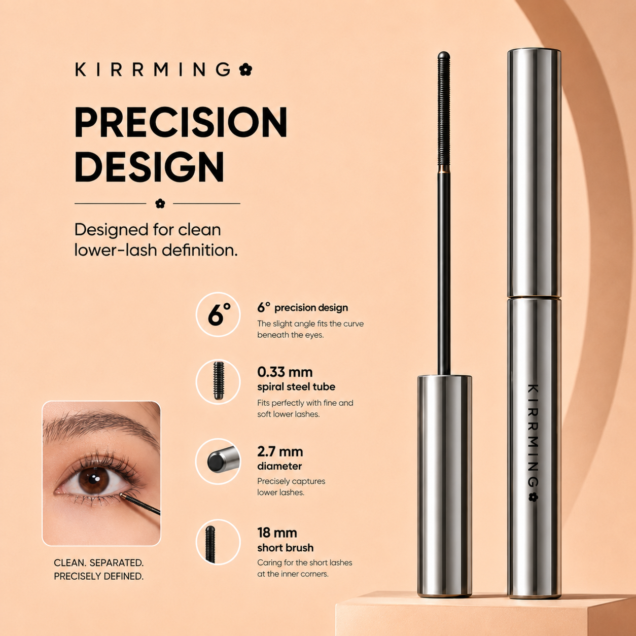 KIRRMING Precision Design lower lash definition mascara shown on a peach background with product specs, a close-up eye inset, and the mascara tube and wand displayed on a pedestal.