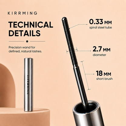 KIRRMING precision lash wand shown with technical dimension callouts: 0.33 mm spiral steel tube, 2.
