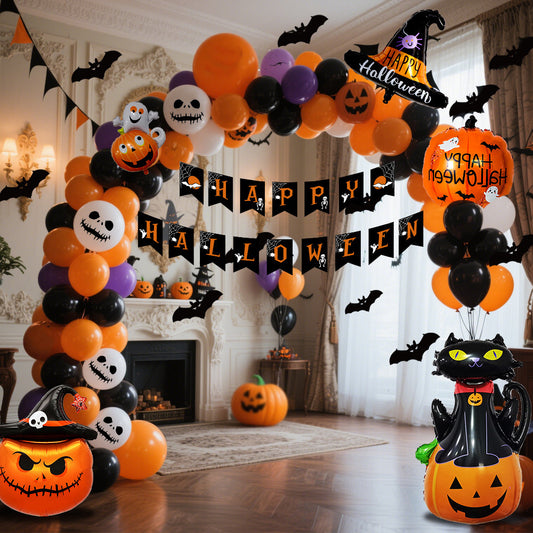 Halloween Hanging Flag & Balloon Set – Spooky Party Decoration Supplies featuring festive balloons and spooky banners.
