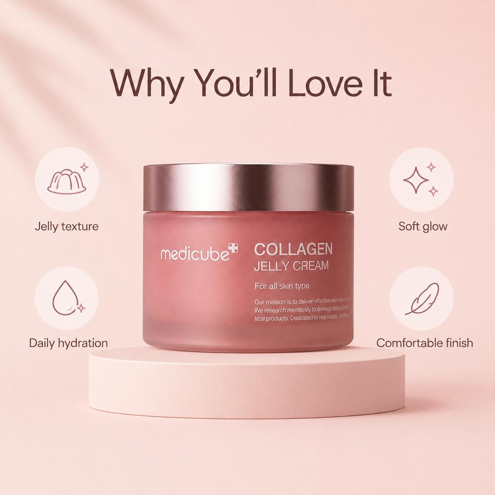 Collagen Jelly Cream shown with benefits including jelly texture, daily hydration, soft glow, and comfortable finish.