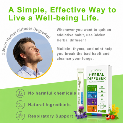 Promotional graphic for Herbal Diffuser showing a man with eyes closed in a circular inset, alongside product packaging and a stick pack on a white and green background with marketing text.