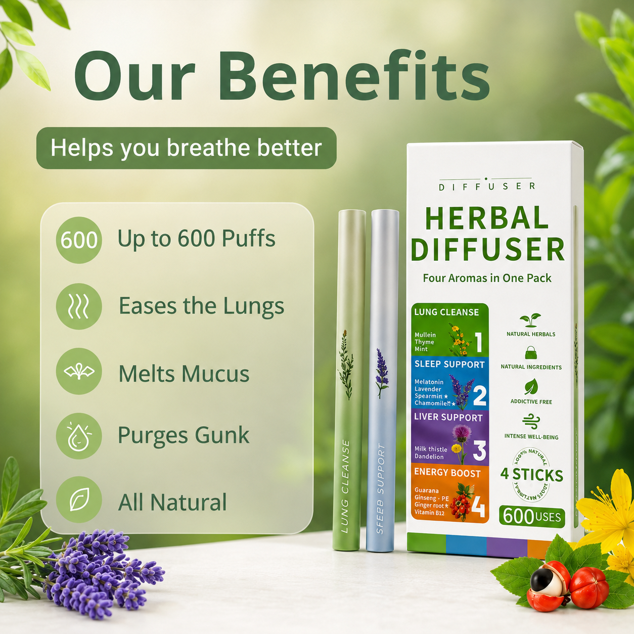 A product advertisement for a 4-stick herbal diffuser one-pack. The image shows the white product box, two diffuser sticks (one green, one silver), and informational text overlays detailing the benefits of the diffuser.