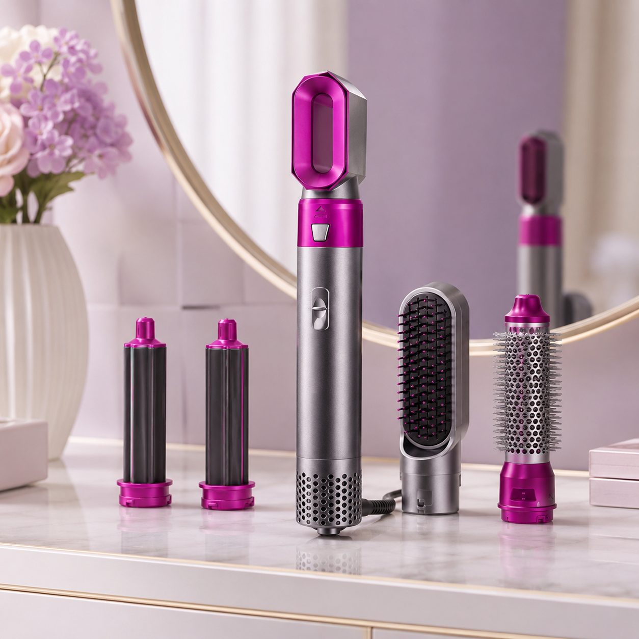 Hot Air Brush 5-in-1 Ceramic Styler displayed on a premium dressing table with styling attachments.