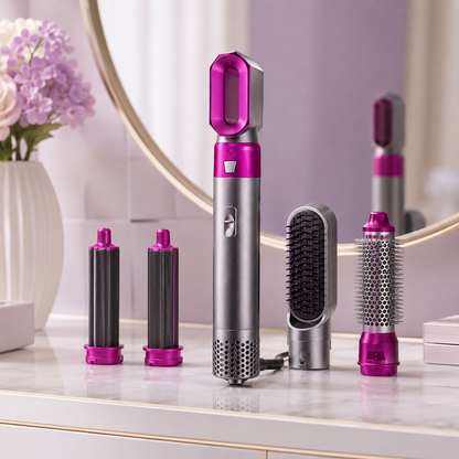 Hot Air Brush 5-in-1 Ceramic Styler displayed on a premium dressing table with styling attachments.